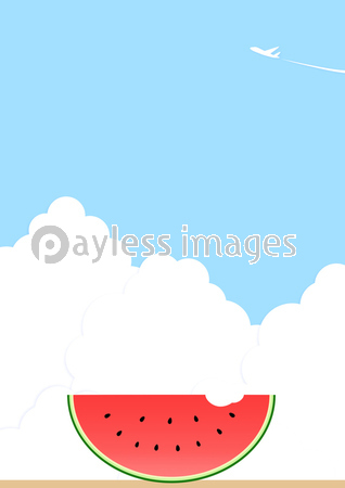 スイカと青空 入道雲 飛行機雲 背景 商用利用可能な写真素材 イラスト素材ならストックフォトの定額制ペイレスイメージズ