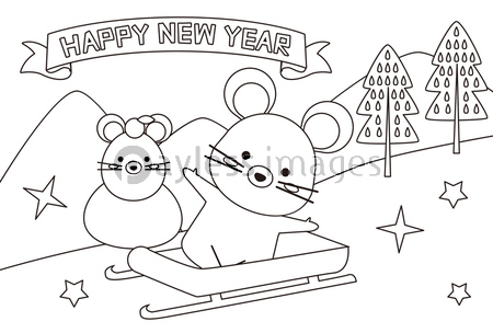 塗り絵年賀状 年 ねずみ ソリ 英語 ストックフォトの定額制ペイレスイメージズ