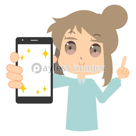 キラキラしたスマホ画面を見せる女性のイラスト ストックフォトの