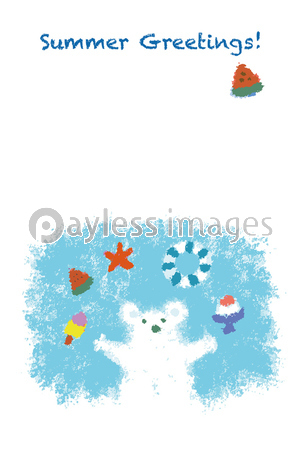 パステル画風白クマの涼しげな暑中見舞いイラスト ストックフォトの