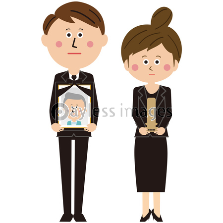 ポップな黒いスーツを着た男女が遺影と位牌を持って立っている 商用利用可能な写真素材 イラスト素材ならストックフォトの定額制ペイレスイメージズ