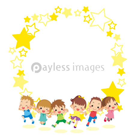 夏服で元気にジャンプする子供たち 星フレーム 丸型 商用利用可能な写真素材 イラスト素材ならストックフォトの定額制ペイレスイメージズ