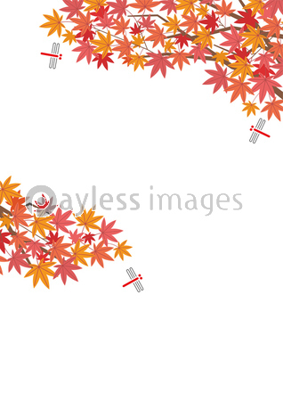 赤とんぼともみじのある秋の背景イラスト 白背景 縦長の書式で横書き用