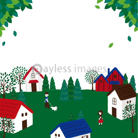 家 風景イラスト 町並み ストックフォトの定額制ペイレスイメージズ