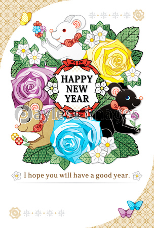 ２０２０年 令和２年 ２０３２年子年イラスト年賀状デザイン ３色鼠と花と蝶々 Happy New Year ストックフォトの定額制ペイレスイメージズ