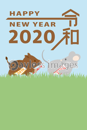 2020年子年 干支バトンタッチの年賀状テンプレート ストックフォトの定額制ペイレスイメージズ