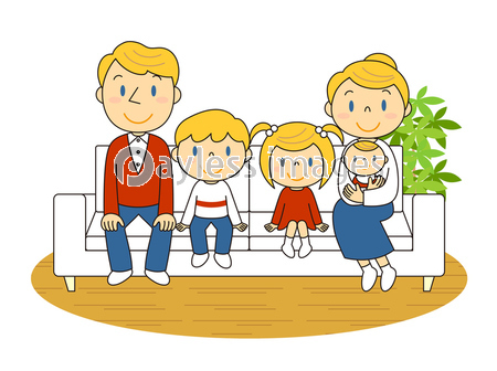 ソファーでくつろぐ5人家族 イラスト クリップアート ストックフォトの定額制ペイレスイメージズ