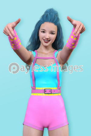 水色の髪の毛で大胆でカラフルな色合いの服を着たポップな女の子が両手を前に突き出しラップ風なポーズをとっている 商用利用可能な写真素材 イラスト 素材ならストックフォトの定額制ペイレスイメージズ