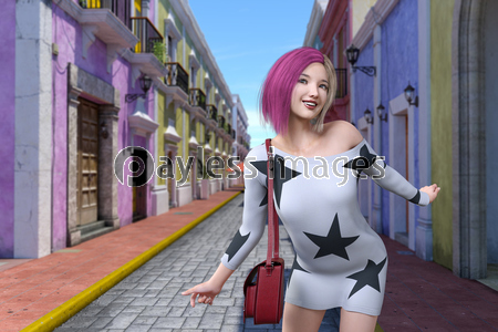 街中で楽しそうにポーズを取る星柄のワンピースを着たピンク色の髪の毛の女の子 ストックフォトの定額制ペイレスイメージズ