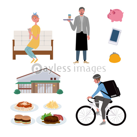 出前 フードデリバリー 女性 配達員 イラスト セット ストックフォトの定額制ペイレスイメージズ