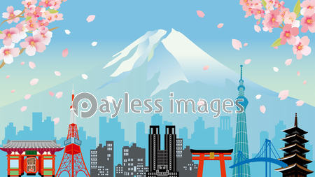 桜と富士山と東京のビル群のイラスト ストックフォトの定額制ペイレスイメージズ