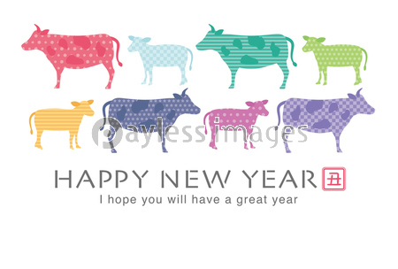 21年丑年 牛シルエットの年賀状テンプレート パステルカラー 商用利用可能な写真素材 イラスト素材ならストックフォトの定額制ペイレスイメージズ