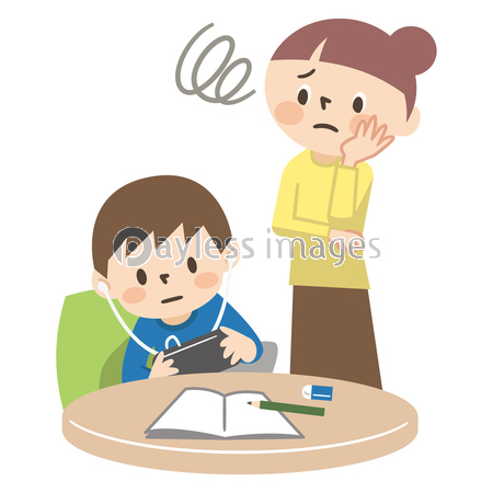 宿題もせずにゲームをする子供に呆れる母親 商用利用可能な写真素材 イラスト素材ならストックフォトの定額制ペイレスイメージズ