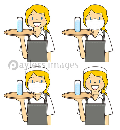 飲食店の若い女性店員 マスク フェイスシールド セット イラスト 商用利用可能な写真素材 イラスト素材ならストックフォトの定額制ペイレスイメージズ