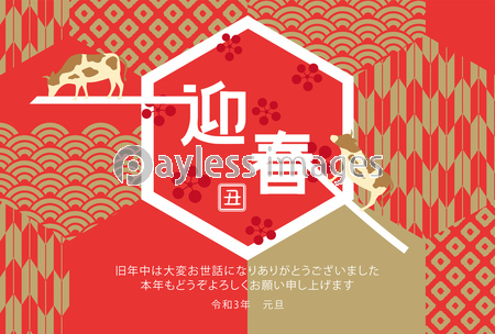 21年丑年 和柄背景とデザイン文字の年賀状テンプレート ストックフォトの定額制ペイレスイメージズ