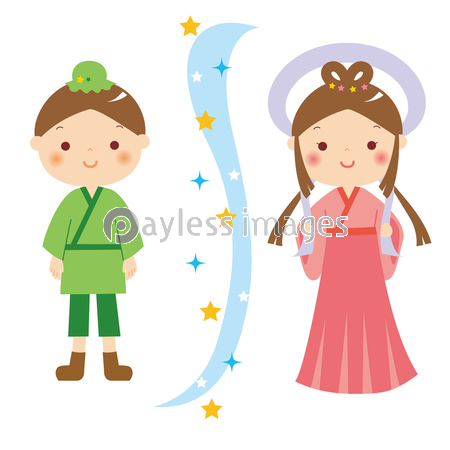 七夕に天の川で出会う織姫と彦星 イラスト 商用利用可能な写真素材 イラスト素材ならストックフォトの定額制ペイレスイメージズ