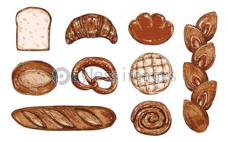 おしゃれなパンの手描きスケッチイラストセット ストックフォトの定額制ペイレスイメージズ