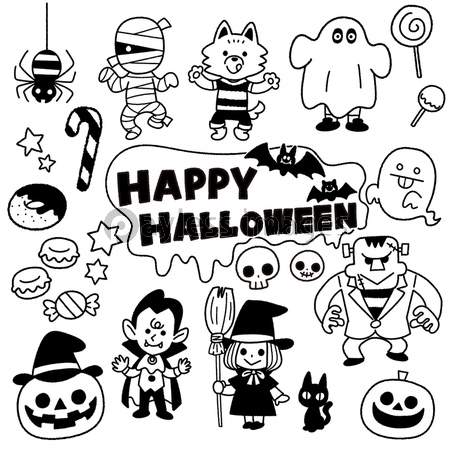 ハロウィンのイラストセット モノクロ 商用利用可能な写真素材 イラスト素材ならストックフォトの定額制ペイレスイメージズ