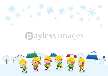 雪の降る街を走り回る可愛い幼稚園児キッズグループのイラストセット 商用利用可能な写真素材 イラスト素材ならストックフォトの定額制ペイレスイメージズ