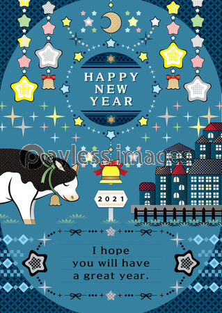 ２０２１年丑年イラスト年賀状デザイン 願いを込める牛とキラキラ星夜空の牡牛座 Happy New Year ストックフォトの定額制ペイレスイメージズ