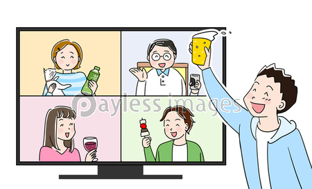 オンライン飲み会で乾杯する仲間たちのイラスト ストックフォトの定額制ペイレスイメージズ