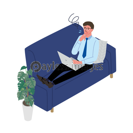 リモートワーク パソコンをする男性 リラックス イラスト 商用利用可能な写真素材 イラスト素材ならストックフォトの定額制ペイレスイメージズ