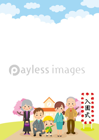入園式に家族と参列する可愛い幼稚園児の男の子のイラスト 三世代ファミリー ストックフォトの定額制ペイレスイメージズ