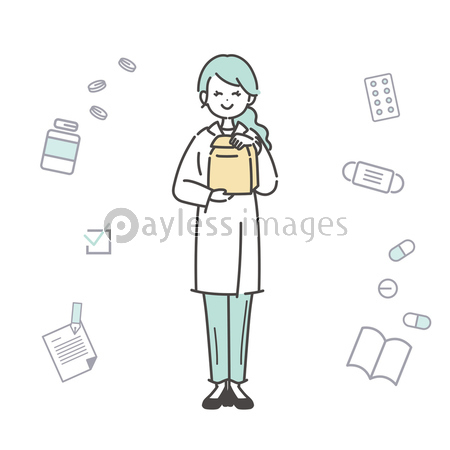 女性薬剤師と医薬品アイコンのイラスト 商用利用可能な写真素材 イラスト素材ならストックフォトの定額制ペイレスイメージズ