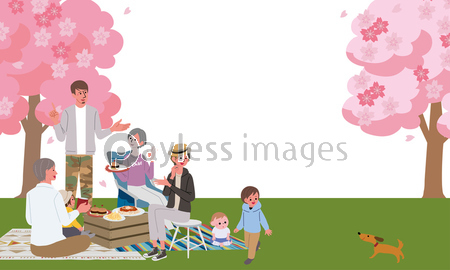 お花見をする三世代親子のイラスト ピクニック キャンプ 商用利用可能な写真素材 イラスト素材ならストックフォトの定額制ペイレスイメージズ