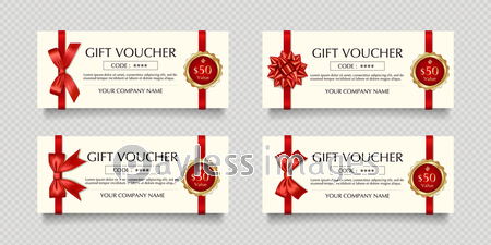 4種類の赤いリボンとラベルのギフト券ベクターイラストセット ストックフォトの定額制ペイレスイメージズ