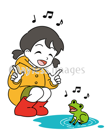 レインコートを着た女の子とカエル ストックフォトの定額制ペイレスイメージズ