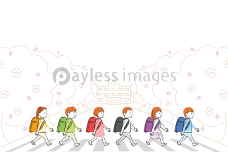 手書き線画カラーイラスト 新1年生 春 ランドセルと横断歩道 児童男女6人 商用利用可能な写真素材 イラスト 素材ならストックフォトの定額制ペイレスイメージズ