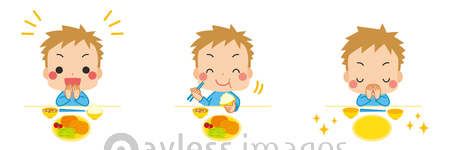 礼儀正しく挨拶をして食事をする可愛い小さな男の子のイラスト セット バリエーション 白背景 商用利用可能な写真素材 イラスト素材ならストックフォトの定額制ペイレスイメージズ