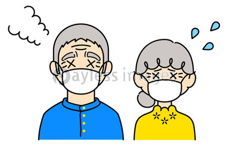 マスクをして暑がっている高齢者のカラーイラスト おじいさん おばあさん 商用利用可能な写真素材 イラスト 素材ならストックフォトの定額制ペイレスイメージズ