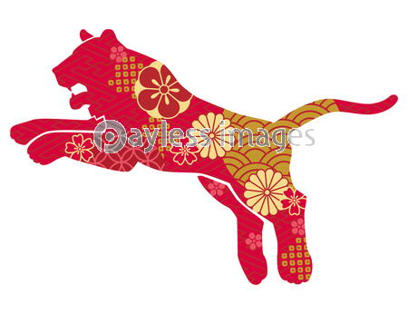 跳ねる寅のシルエットと和柄の背景のイラスト素材 虎 年賀状素材 商用利用可能な写真素材 イラスト素材ならストックフォトの定額制ペイレスイメージズ