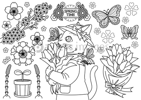 猫のイラスト春のデザイン「SPRING TIME（ぬりえ線画）」チューリップ・蝶・蜂・桜・土筆・双葉・花束