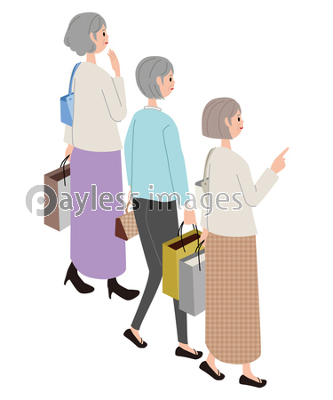 アイソメ　シニア女性3人　お買い物　背中から　指差し