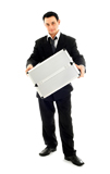 businessman+showing+metal+container
