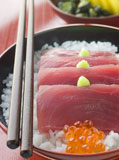 Sashimi+of+Yellow+Fin+Tuna+on+Rice+with+Salmon+Roe+Pickles+and+Wasabi