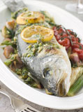 Whole+Roasted+Sea+Bass+with+Fennel+Lemon+Cherry+Vine+Tomatoes+and+Salsa+Verde