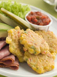 Sweet+corn+Fritters+with+Salsa+Gherkins+Avocado+and+Pastrami