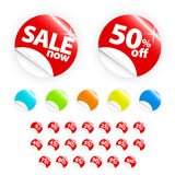 Vector+illustrations+of+glossy%2Fshiny+retail+icons+with+peel+gradient+effect+with+discount+percentages+from+5+to+100+%2B+a+sale+now+element.+In+six+different+colors.