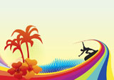 Abstract+artwork+of+summer+scene+with+Surfer+on+rainbow+wave%2C+vector+illustration