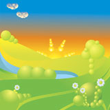 blue+sky%2C+green+grass%2C+trees%2C+clouds%2C+sun+and+flowers+abstract+landscape+vector+illustration