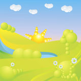 blue+sky%2C+green+grass%2C+trees%2C+clouds%2C+sun+and+flowers+abstract+landscape+vector+illustration
