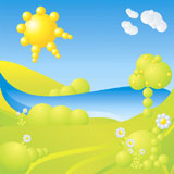 blue+sky%2C+green+grass%2C+trees%2C+clouds%2C+sun%2C+water+and+flowers+abstract+landscape+vector+illustration