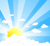 Vector+illustration+of+a+beautiful+sunny+sky+with+rays%2C+clouds+and+birds.