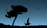 Vector+illustration+of+a+man+walking+with+his+dog+on+a+beautiful+starry+night