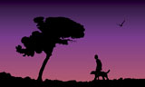 Vector+illustration+of+a+young+man+walking+his+dog+at+purple+sunset