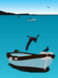vector+illustration+of+a+man+jumping+from+a+fishing+boat.+summer+scene.